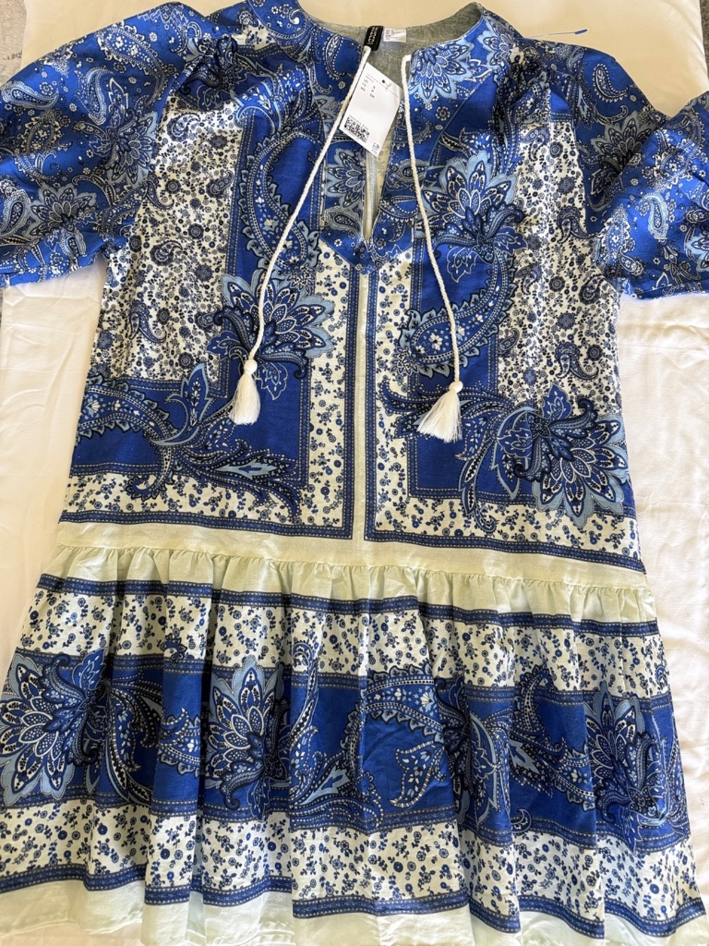 H&M Linen-Cotton Blend Blue and White Paisley Mini Dress, Size S